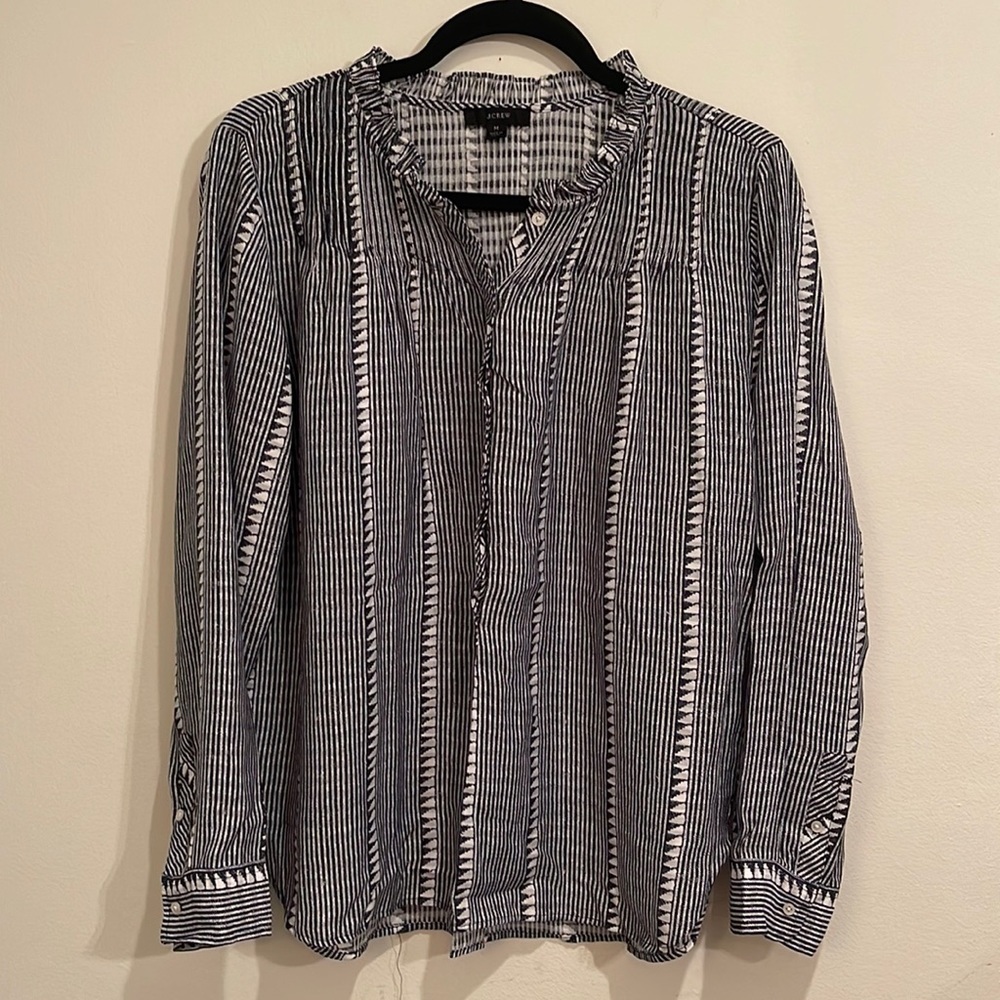 J. crew Navy Stripe Ruffle Neck Blouse